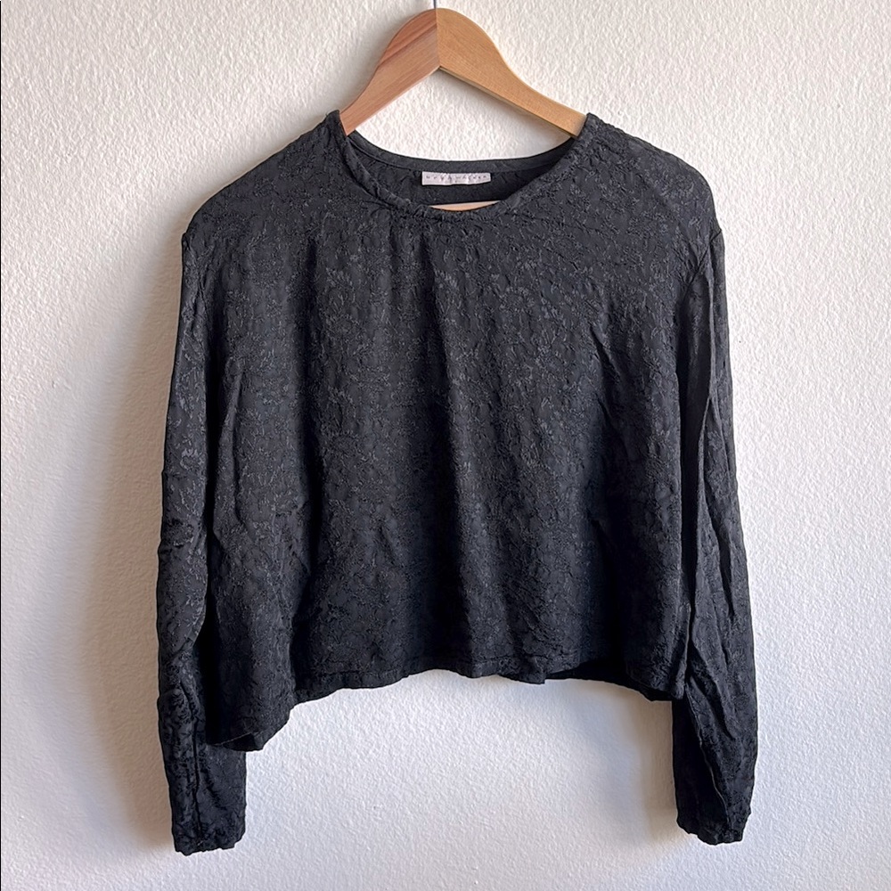 Bryn Walker Boxy Crop Black Longsleeve Floral Embossed Blouse